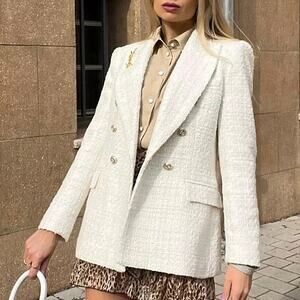 Zara Cream Tweed Double Breasted Blazer Size M